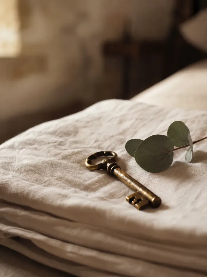Une clé ancienne en laiton et un brin d'eucalyptus posés sur une pile de linge de lit en lin, dans une chambre du domaine