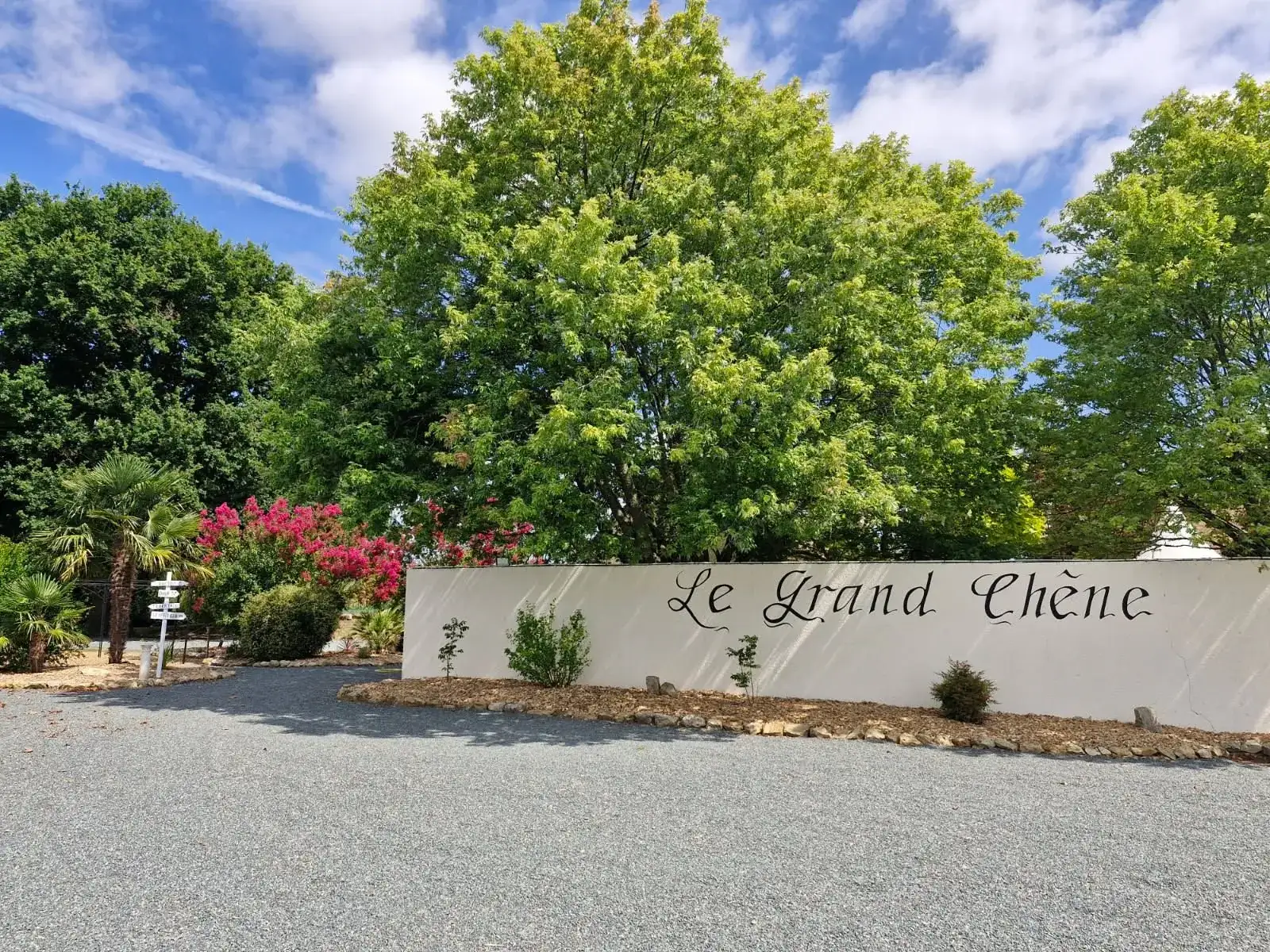 Le grand chêne et l'entrée du Domaine Le Grand Chêne, à Souligné-sous-Ballon en Sarthe