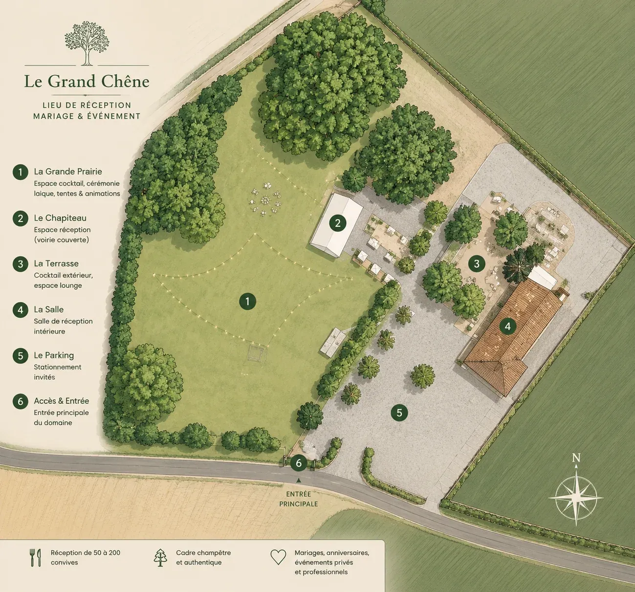 Plan illustré du Domaine Le Grand Chêne : la grande prairie et la cérémonie, le préau, le patio, la salle, le parking et l'entrée principale.